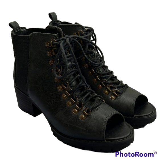 VON Dutch Shotgun Leather Heeled Boots Lace-Up Open-Toe Bootie Black 7M - Picture 2 of 15